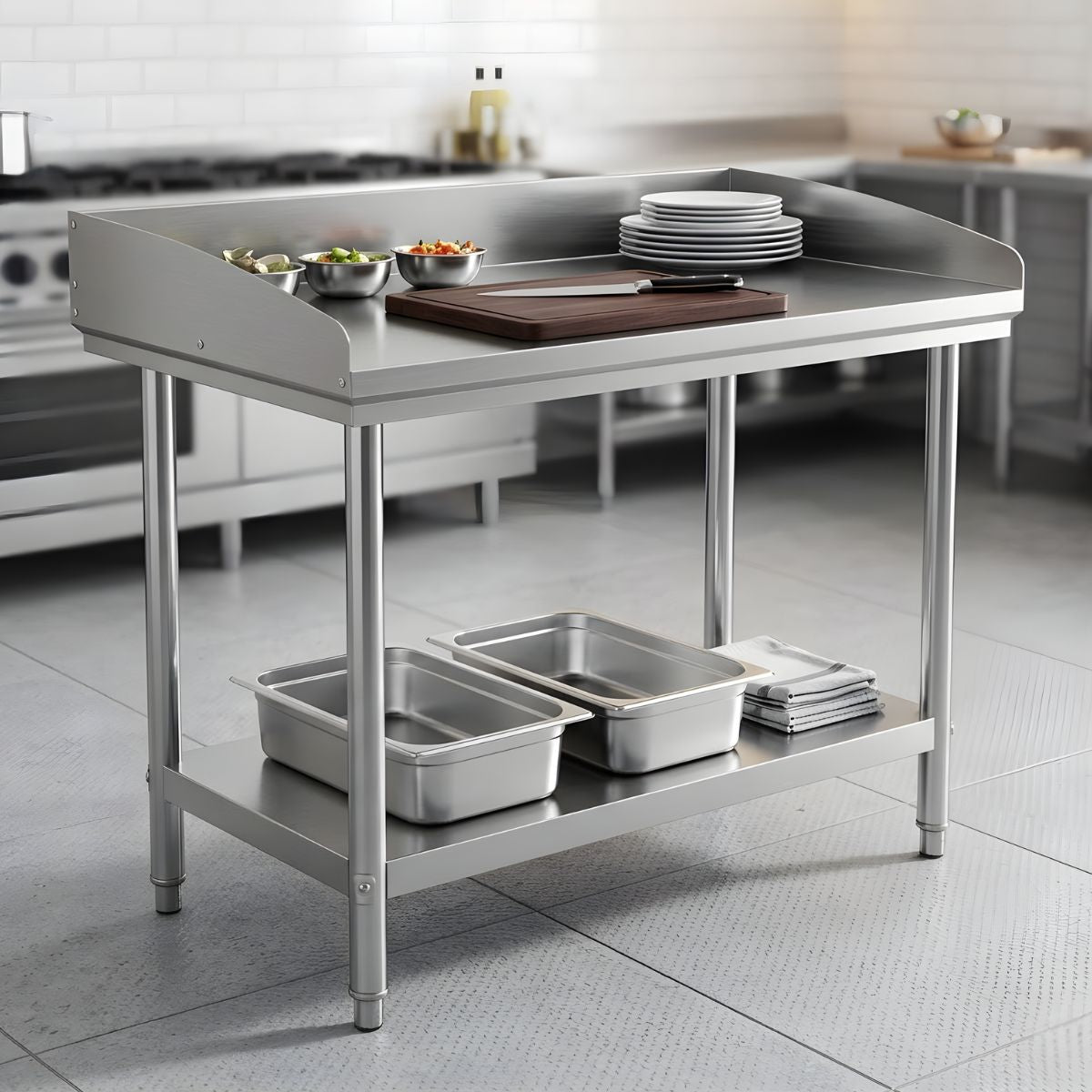 Mesa de trabajo de acero inoxidable 80x70x80cm. Mesa industrial con repisa inferior. Diseño de doble nivel.