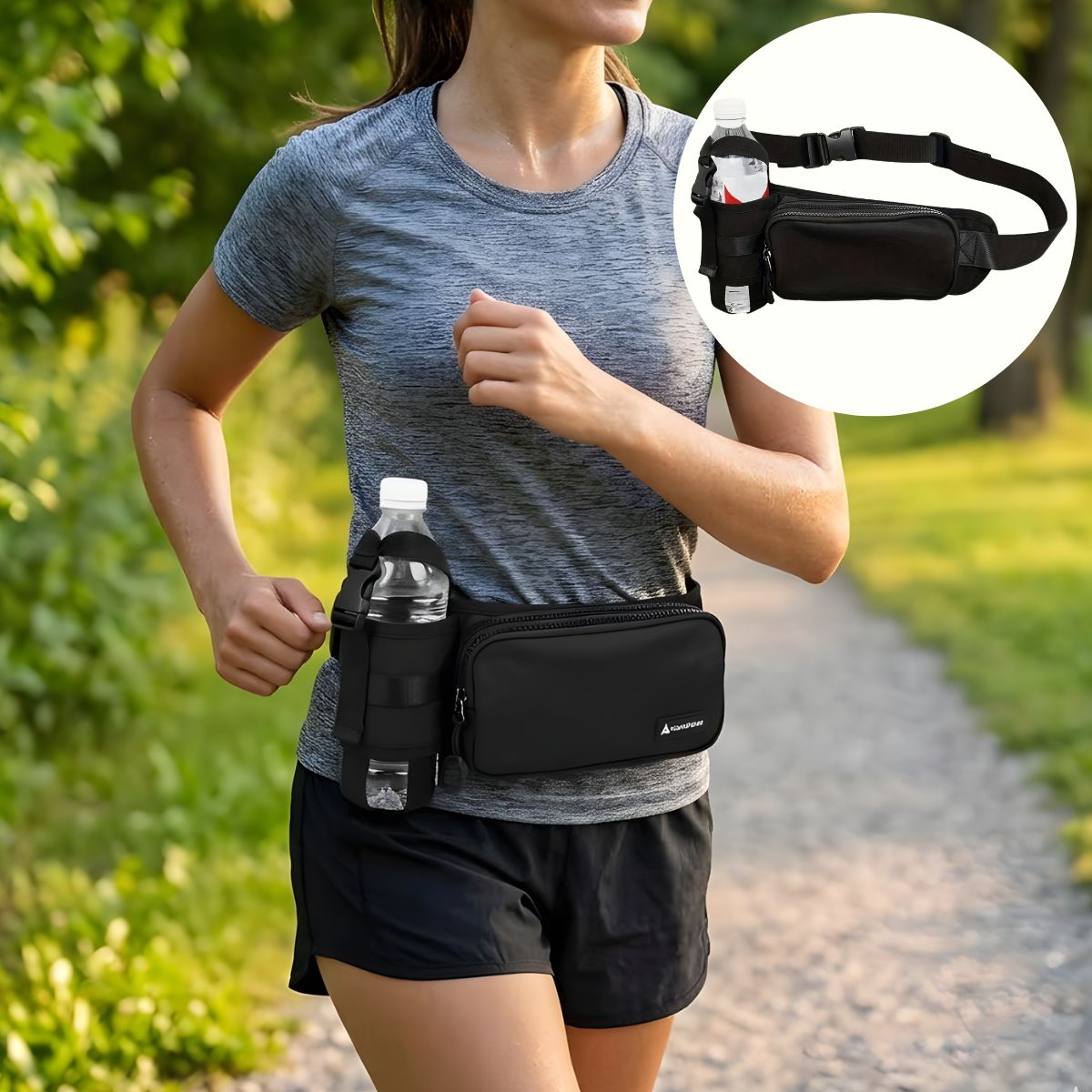 Riñonera deportiva con porta botella ajustable. Cangurera running impermeable con múltiples bolsillos. Color negro.