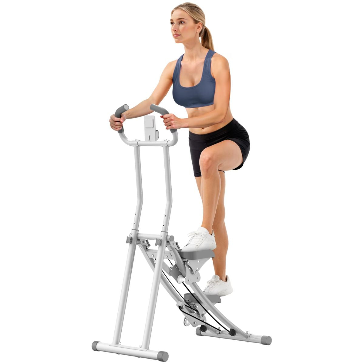 Escaladora stepper Plegable para Ejercicio en Casa con Monitor Digital con Resistencia Ajustable 70-120 lb con Estructura de Acero. Máquina de Ejercicio Cardio con Monitor y Soporte Móvil Blanco