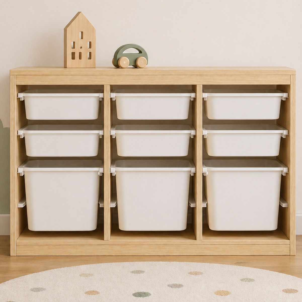 Organizador de Juguetes Infantil con Gavetas de Almacenamiento Mueble Infantil Montessori con 9 Contenedores Plásticos Sistema de Rieles Almacenamiento Multinivel (97.5x39x68.5cm)