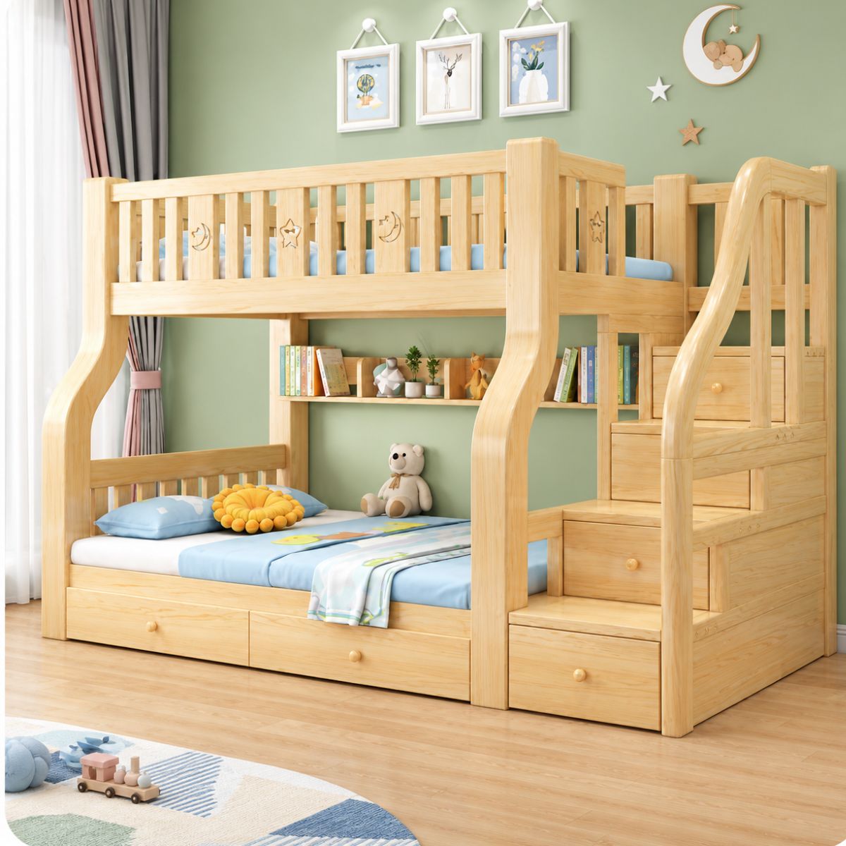 Litera Infantil Camarote Madera Maciza Twin Escalera y Cajones. Cama Barandal de Seguridad, Estantes y Base Reforzada. Incluye 2 Colchones Sencillos. (viene desarmado cliente debe ensamblar)