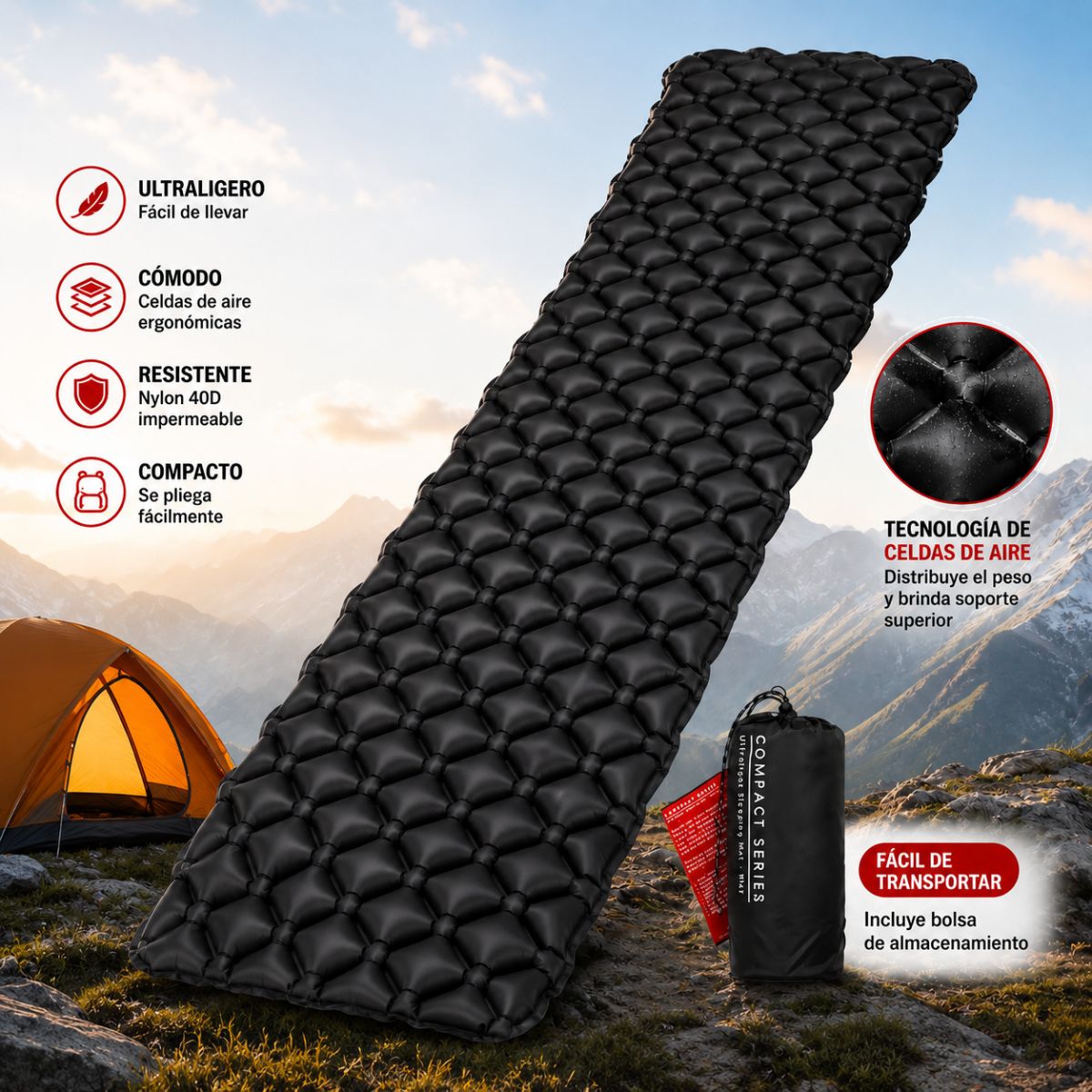 Colchoneta Inflable Camping Ultraligera Nylon 40D. Sleeping Mat colchón Impermeable con Válvula Doble Portátil Compacta para Senderismo Mochilero (190x60x6cm) Color Negro