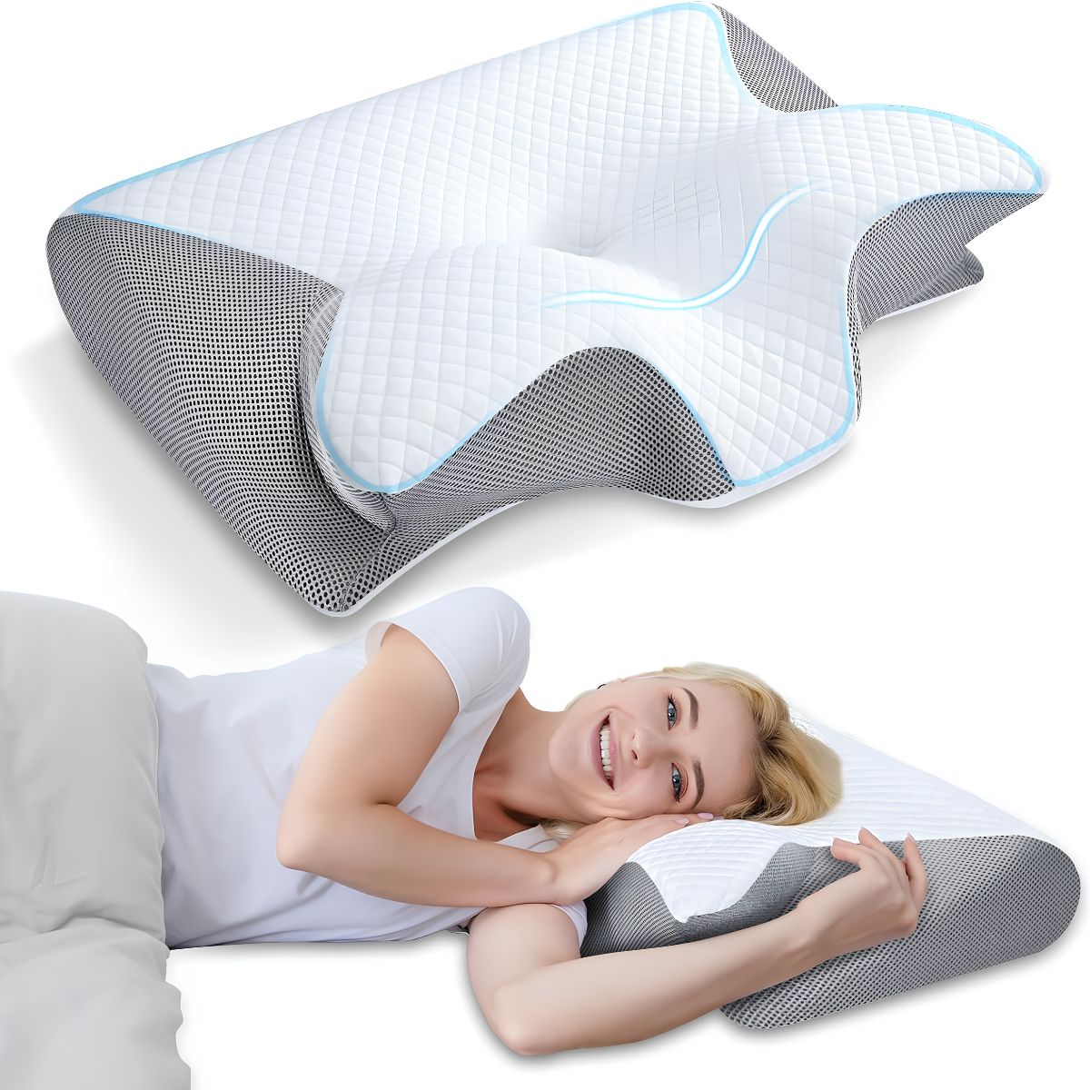 Almohada Cervical Ortopédica Memory Foam Mariposa. Cojín Ergonómico para Dormir Antirronquido con Funda Transpirable (62x37x12cm)