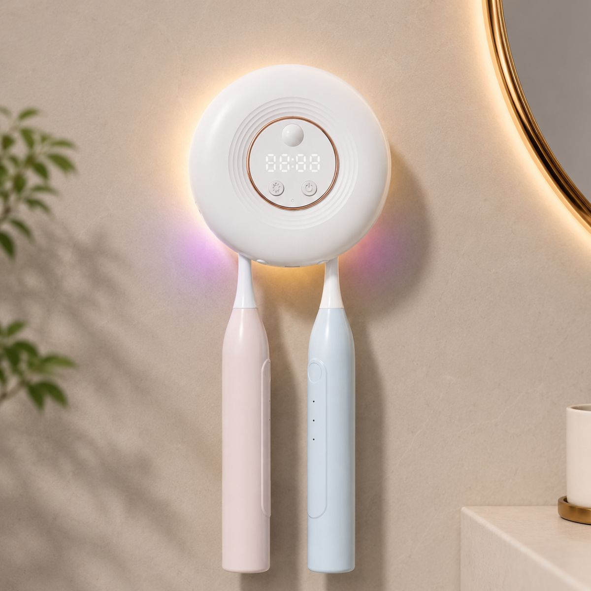 Esterilizador UV para Cepillos Dentales con Reloj y Luz Nocturna. Soporte Doble con Secado a 60°C, Pantalla LED y Carga Type C. Blanco