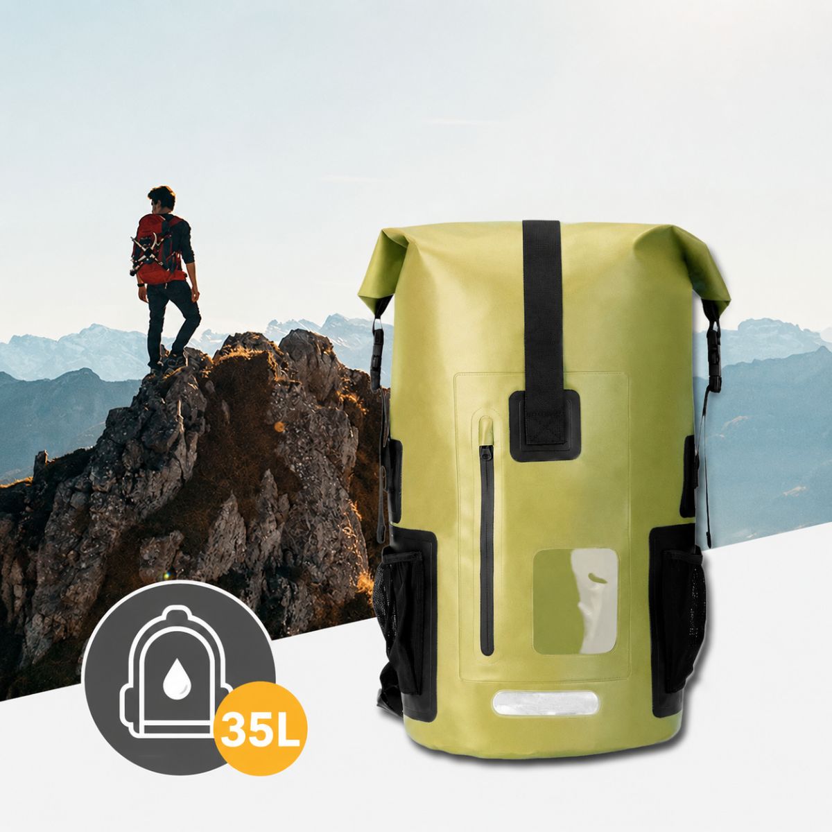 Mochila Impermeable Dry Bag para Deportes Acuáticos. Bolso Waterproof de 35L con Correas Acolchadas, Ventana Transparente y Reflectivo. Verde (28x51cm)
