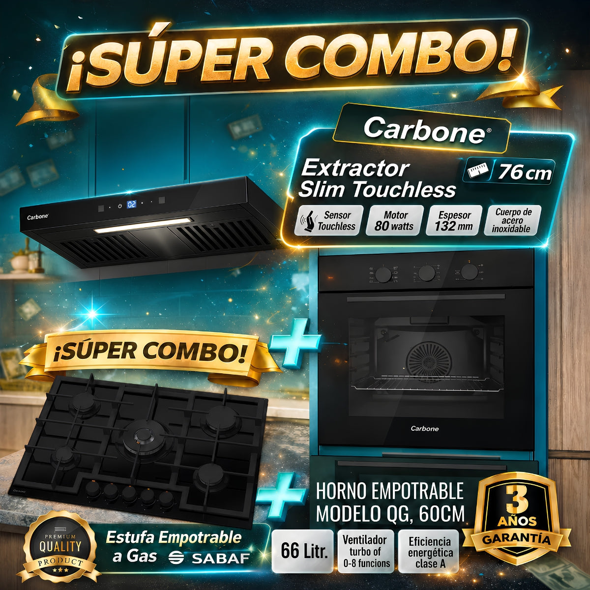 Combo Empotrables Cocina Carbone Campana Extractora SLIM Touchless 76cm + Estufa 76cm + Horno a Gas 60cm (Solo online) (No aplica tienda Física) Envío gratis a todo el país