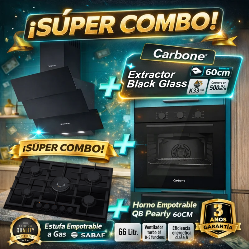 Combo Empotrables Cocina Carbone Campana 60cm + Estufa 76cm + Horno eléctrico 60cm (Solo online) (No aplica tienda Física) Envío gratis a todo el país