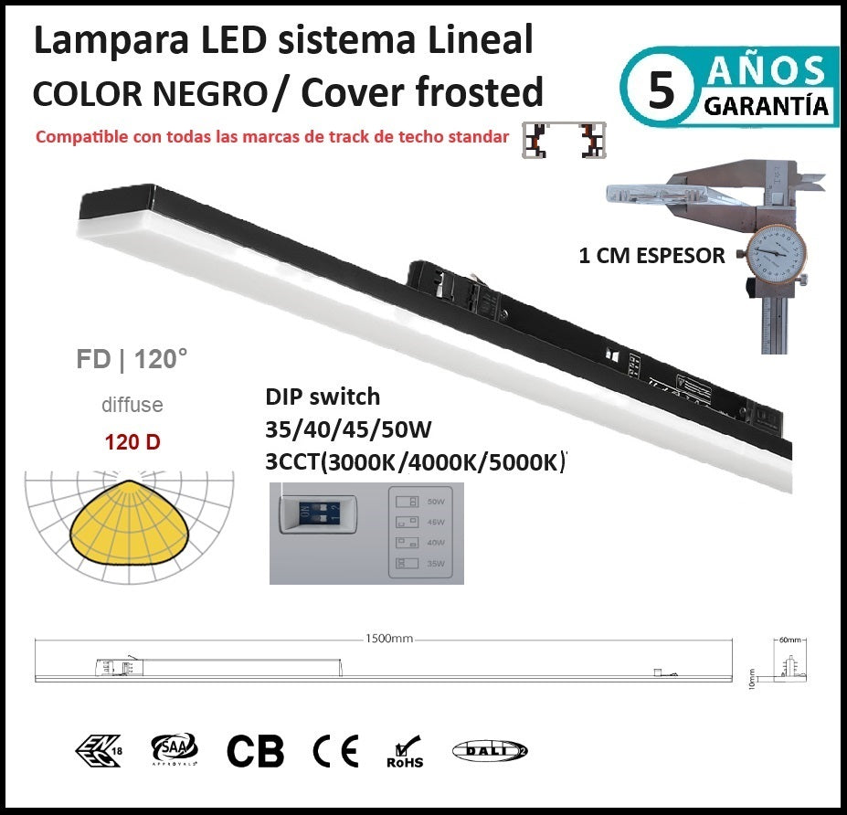 Lampara Lineal colgante comercial 1.5m Negra frosted 7000lm DIP 35-50W ajustable 3000K/4000K/5000K CRI90 3 Cables AC100-227V