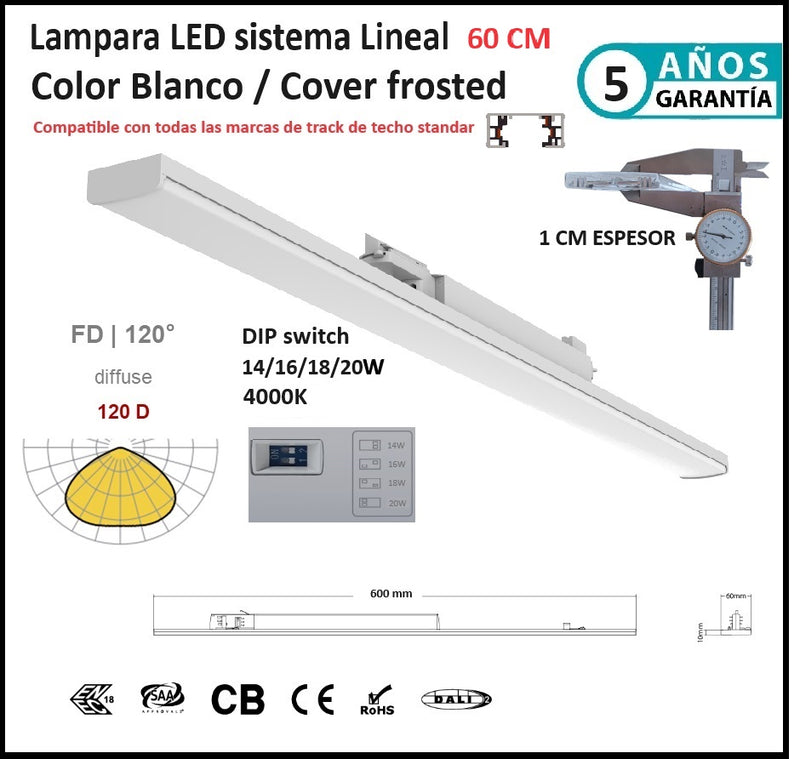 Lampara Lineal 60 cm Blanca frosted 3200lm 20W DIP ajustable 14/16/18/20W 4000K CRI90 3 Cables AC100-227V