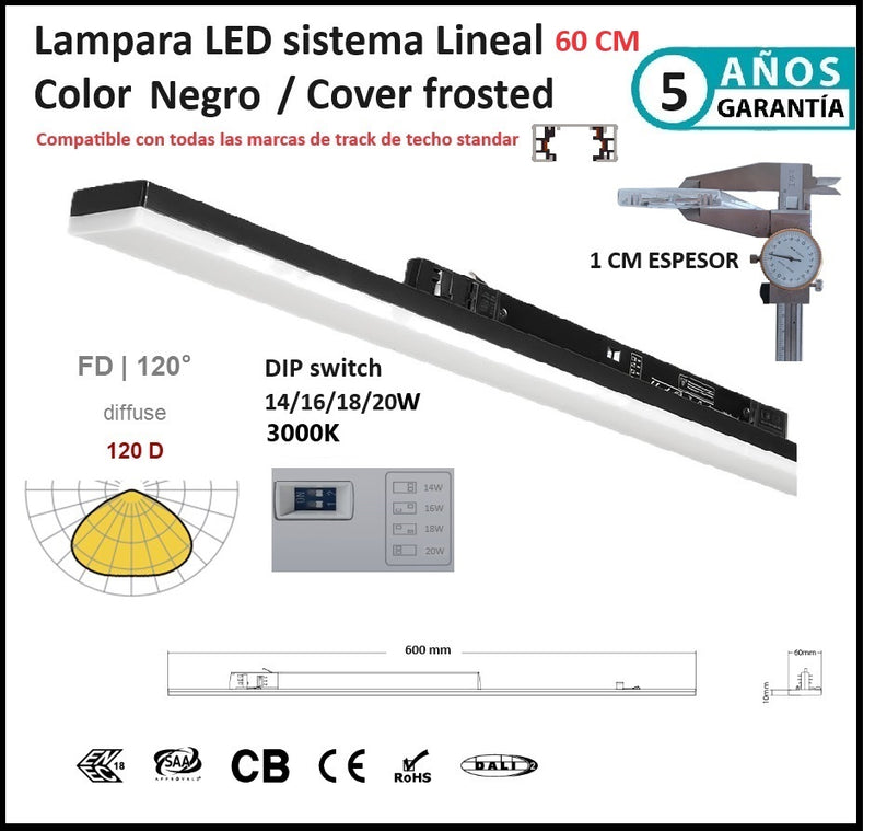Lampara Lineal colgante comercial 60 cm Negra frosted 3000K 3200lm 20W DIP ajustable 14/16/18/20W CRI90 3 Cables AC100-227V