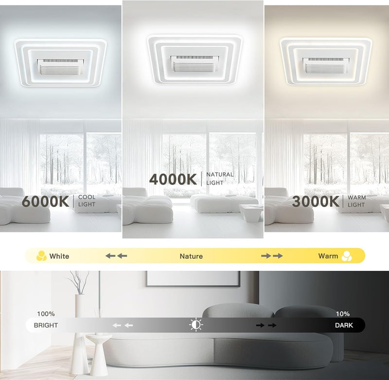 Abanico sin aspas Lampara LED Cuadrada decorativa dimeable 3000-6500K de 21" (54cm) 75w