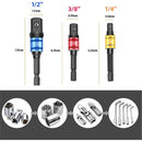 Extensiones de brocas flexibles. Juego de 24 piezas. Incluye soporte para brocas, enchufe de junta giratoria de 1/4”, 3/8” y 1/2”. Kit set