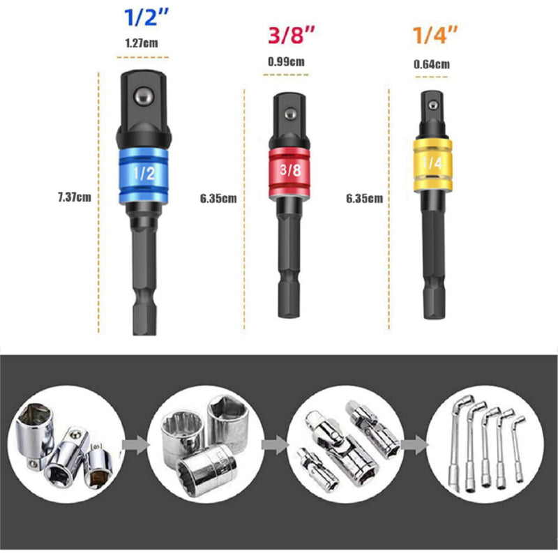 Extensiones de brocas flexibles. Juego de 24 piezas. Incluye soporte para brocas, enchufe de junta giratoria de 1/4”, 3/8” y 1/2”. Kit set