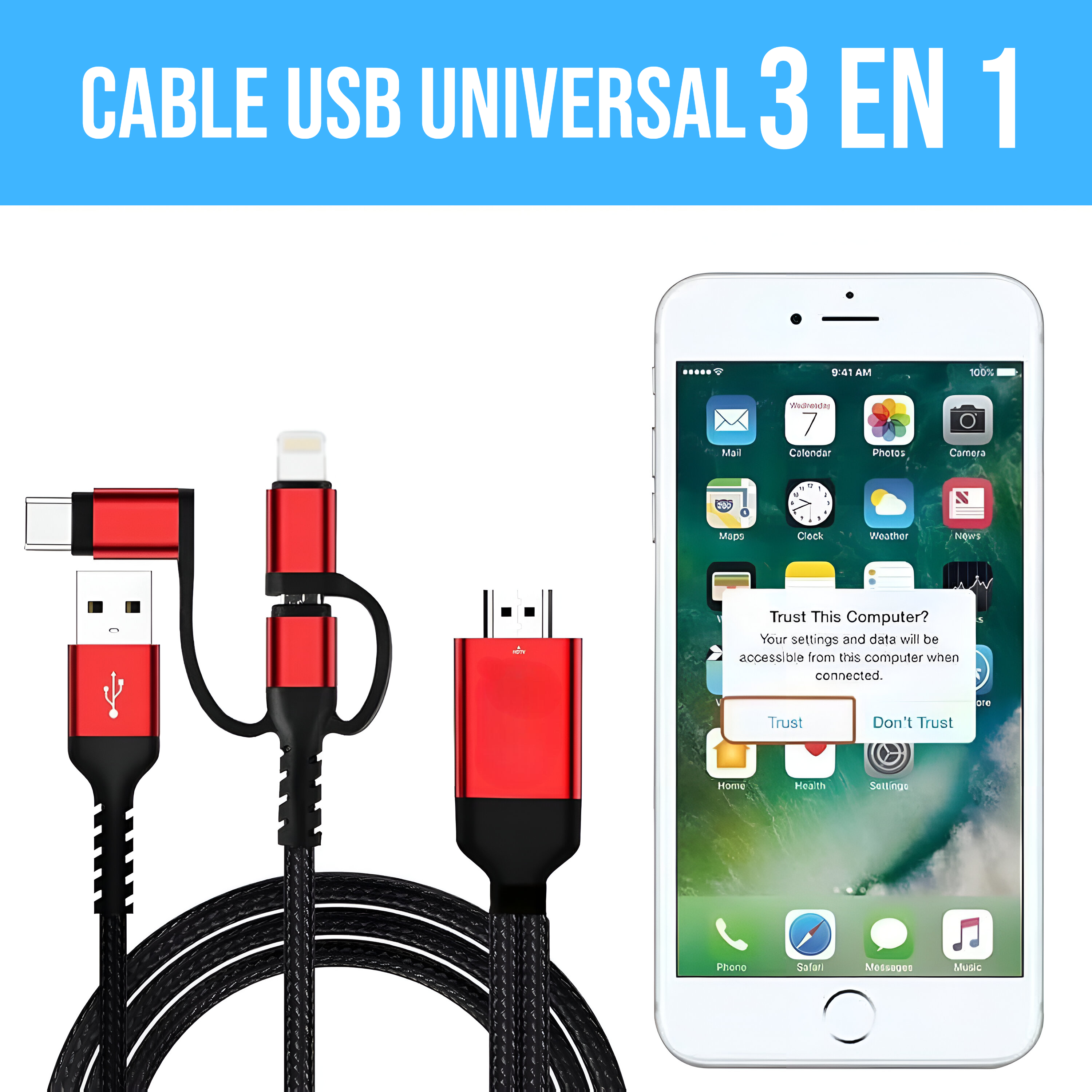 Cable USB universal 3 en 1 con entrada HDMI y adaptador para Android y iOS.