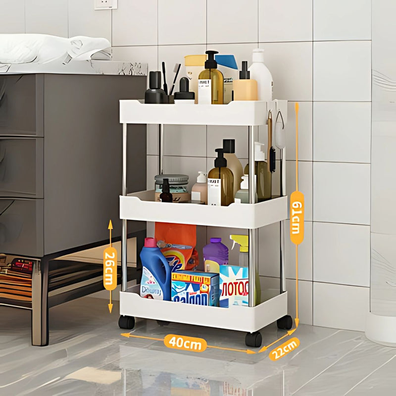 Carrito organizador de 3 niveles. Color blanco. Anaquel multiusos de almacenaje con ruedas. Estante