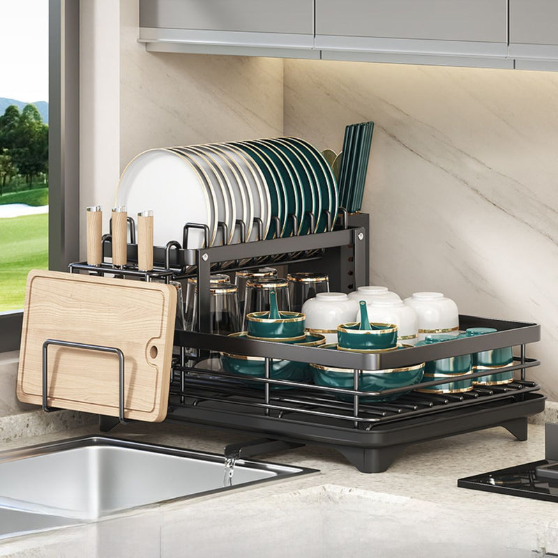 Escurridor de platos. Color negro. Seca vajillas de 2 niveles. 42.5 cm largo x 30 ancho por 23 cm alto