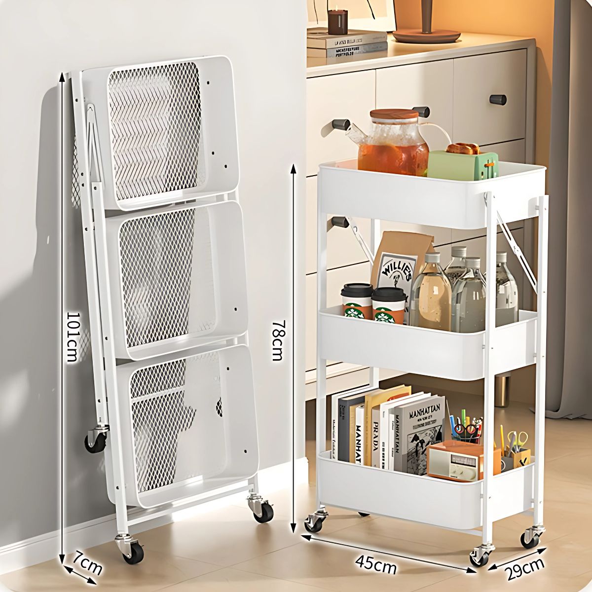 Carrito organizador con ruedas. Carrito para almacenamiento plegable blanco. Tres niveles. Estante organizador cocina