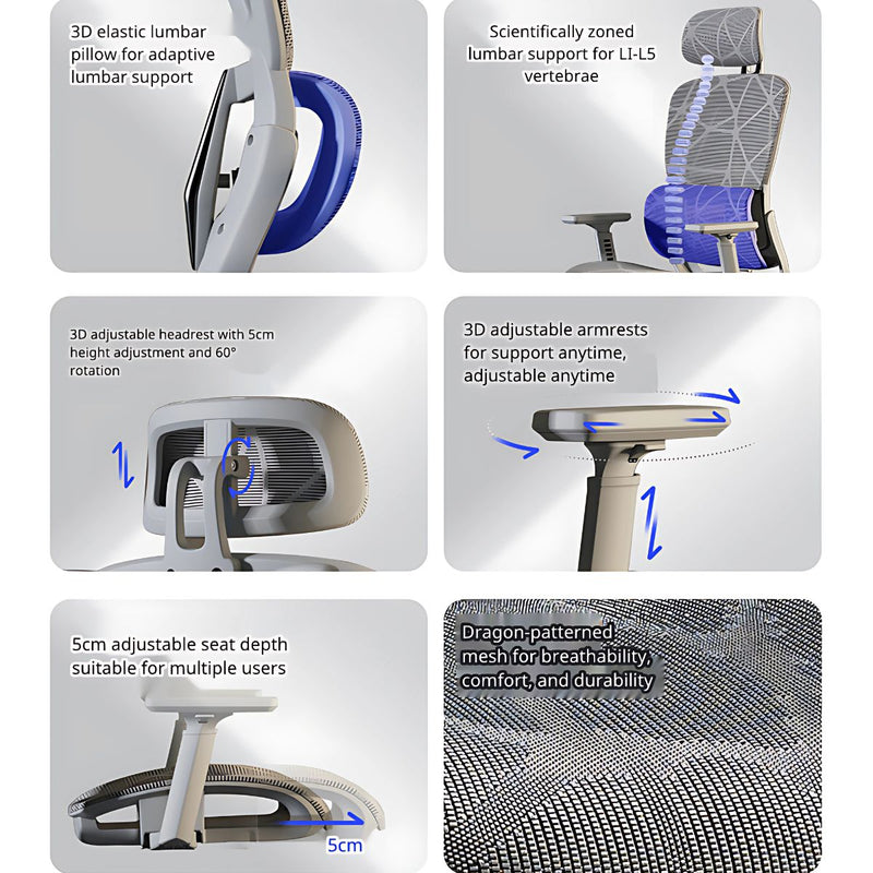 Silla de Oficina Ergonomica y Gaming  con Soporte 3D y Reclinación. Cómoda silla de computadora, Color gris para escritorio.