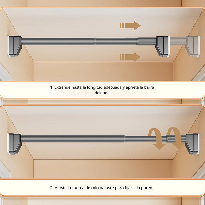 Barra ajustable para cortinas, closets y duchas de acero inoxidable. Palo extensible. Sin perforaciones. Se adapta a cualquier pared.