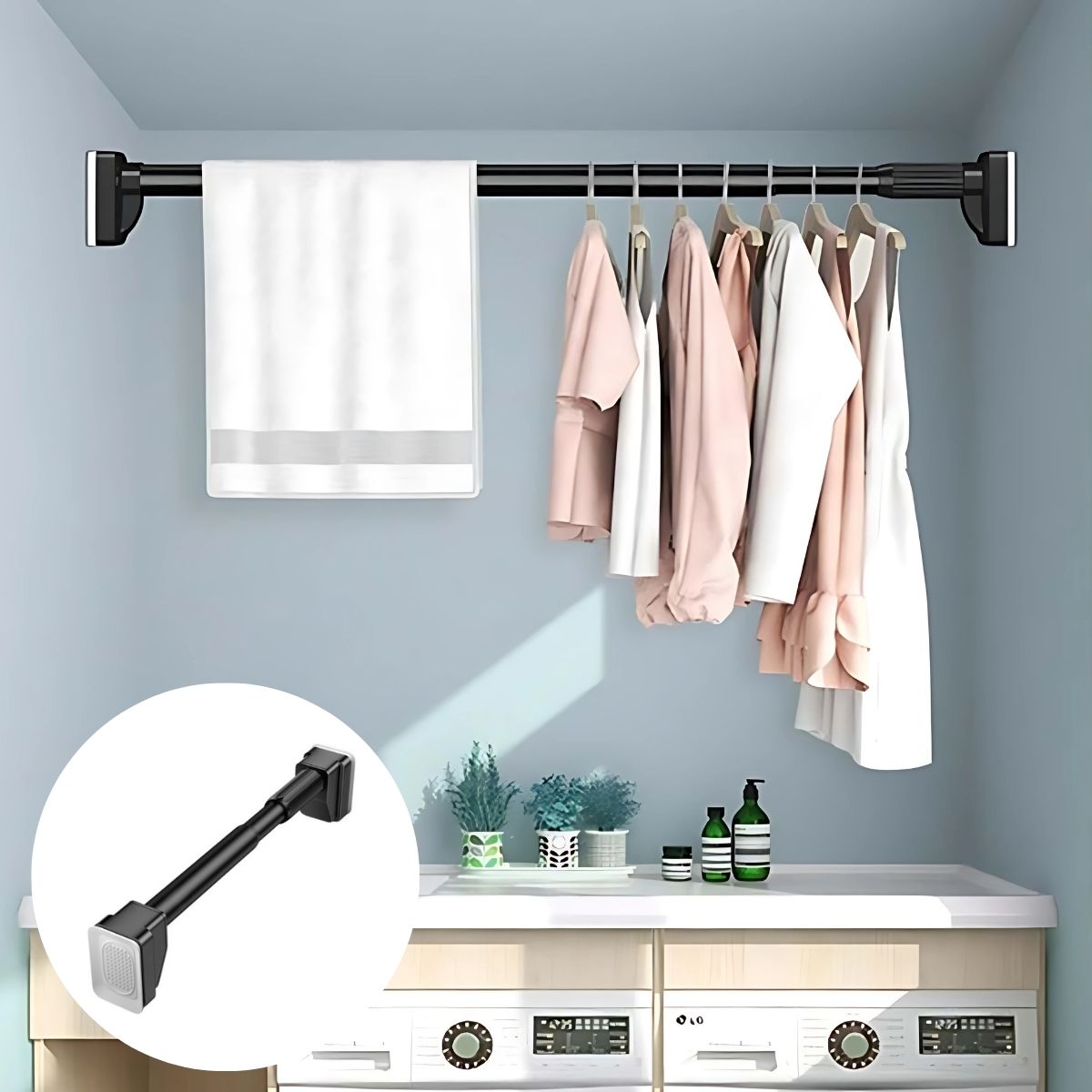 Barra ajustable para cortinas, closets y duchas de acero inoxidable. Palo extensible. Sin perforaciones. Se adapta a cualquier pared.