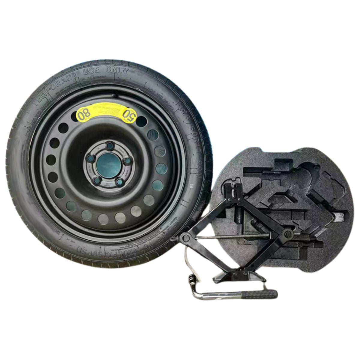 Llanta de repuesto con Gato y Herramientas para Cambio de neumatico. 125/80 R17. Kit Compacto y Portátil. Set.