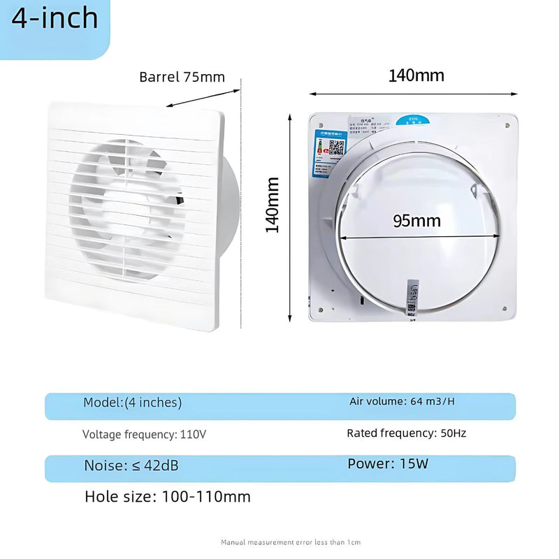 Extractor de Aire compacto 4'' para Pared – Alta Potencia y Bajo Consumo, Ideal para Baños y Cocinas 110V