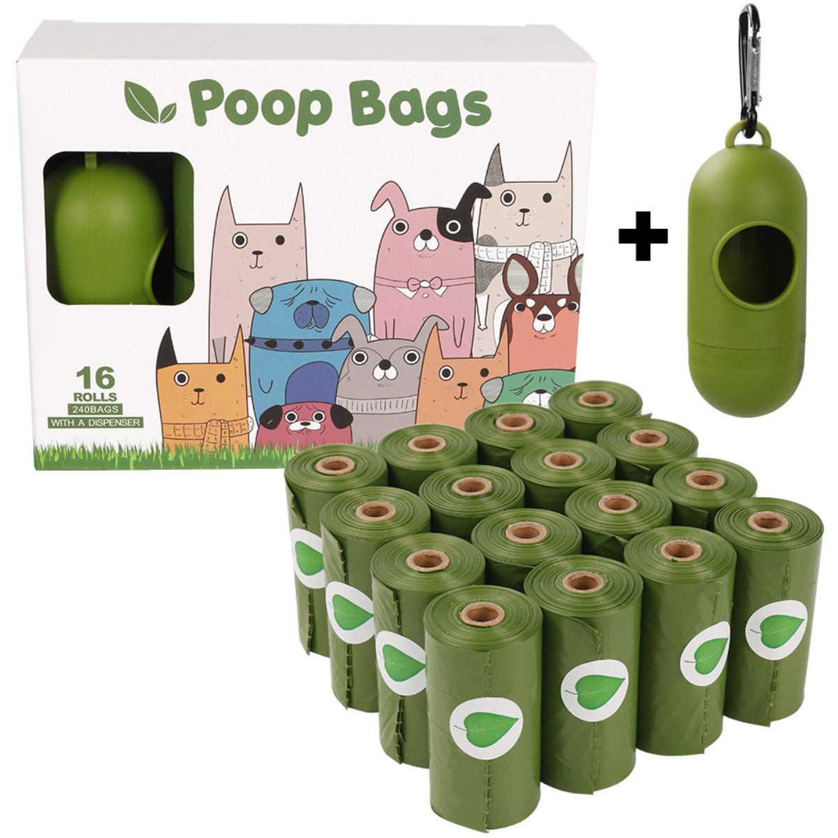 Bolsas para desechos de mascotas (16 rollos de 24 bolsas c/u). Incluye dispensador. Bolsitas de limpieza excremento para perros