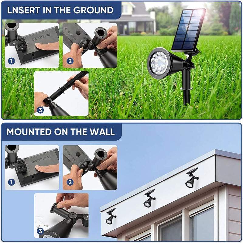 Foco lapara Solar para césped o pared 18LED. Lampara negra Con Panel Sol Integrado. Reflector Solar Para Jardín. Ilumina hasta 7 metros. (Luz blanca)