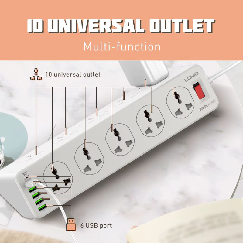 Regleta de 10 tomacorrientes. Long 2m. Con puertos USB y tipo C. Extensión tomacorriente.