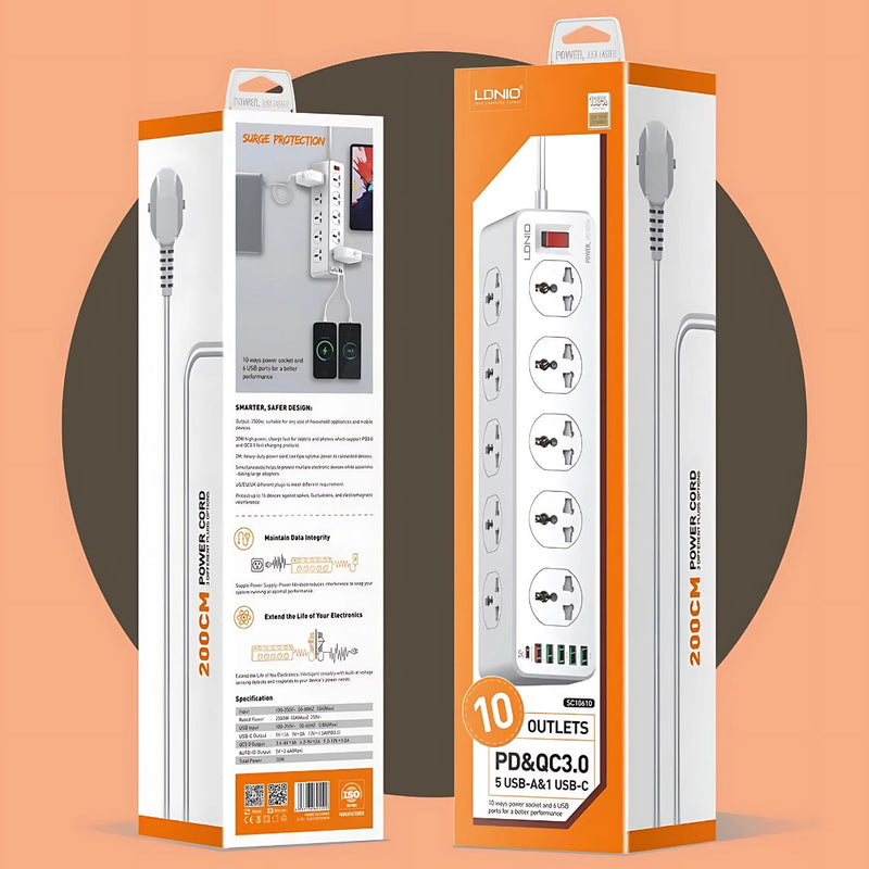 Regleta de 10 tomacorrientes. Long 2m. Con puertos USB y tipo C. Extensión tomacorriente.