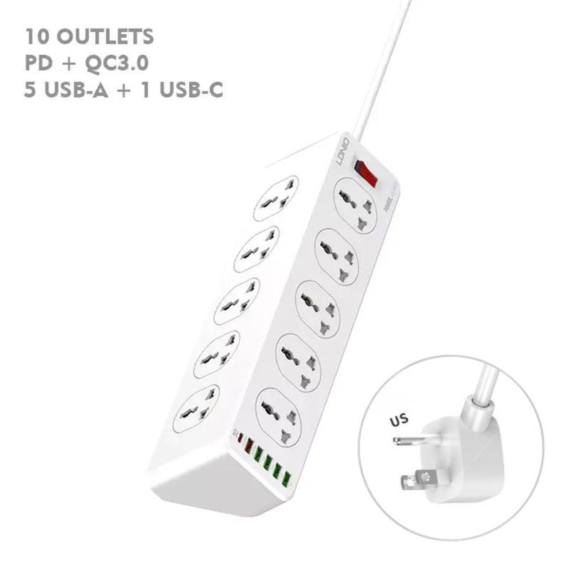 Regleta de 10 tomacorrientes. Long 2m. Con puertos USB y tipo C. Extensión tomacorriente.