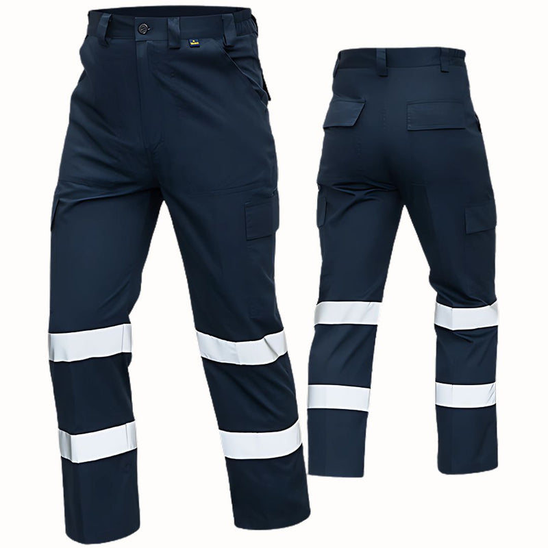 Pantalones de seguridad con cintas reflectivas de trabajo para hombre. Color azul oscuro.