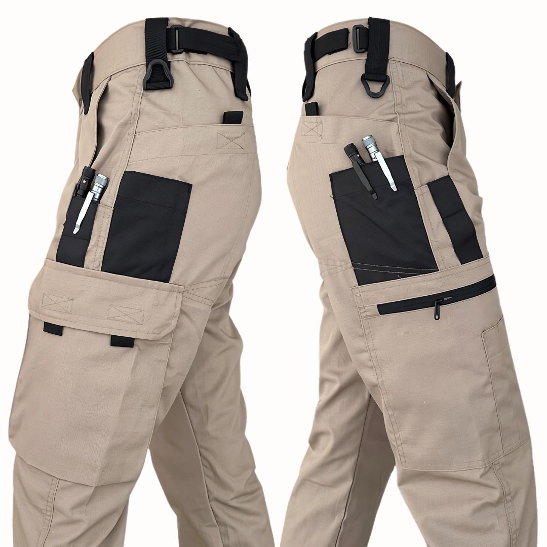 Pantalones de trabajo con bolsillos para hombre tipo cargo. Color Caqui.
