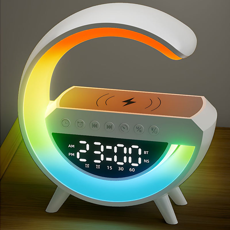 Lampara de mesa de noche con cargador inalámbrico, bocina bluetooth y reloj despertador integrado. Lampara de escritorio inteligente LED con 13 colores.