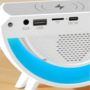 Lampara de mesa de noche con cargador inalámbrico, bocina bluetooth y reloj despertador integrado. Lampara de escritorio inteligente LED con 13 colores.