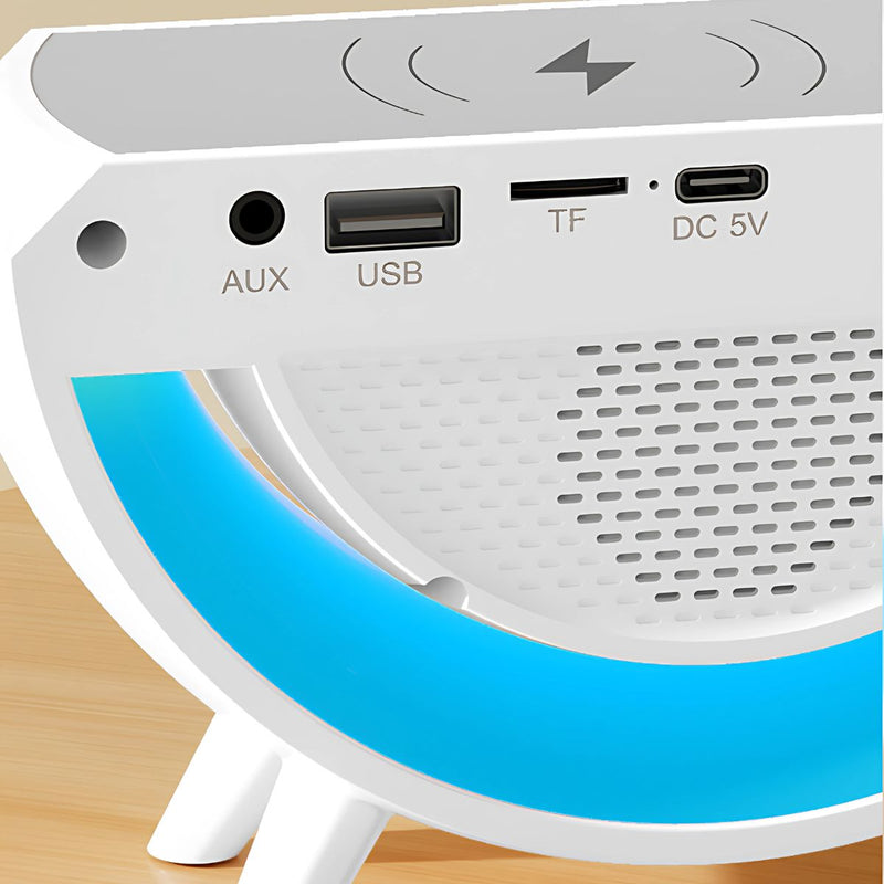 Lampara de mesa de noche con cargador inalámbrico, bocina bluetooth y reloj despertador integrado. Lampara de escritorio inteligente LED con 13 colores.