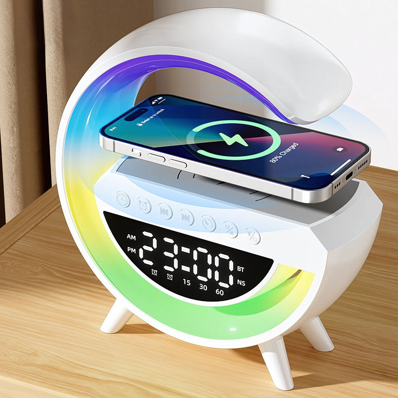 Lampara de mesa de noche con cargador inalámbrico, bocina bluetooth y reloj despertador integrado. Lampara de escritorio inteligente LED con 13 colores.
