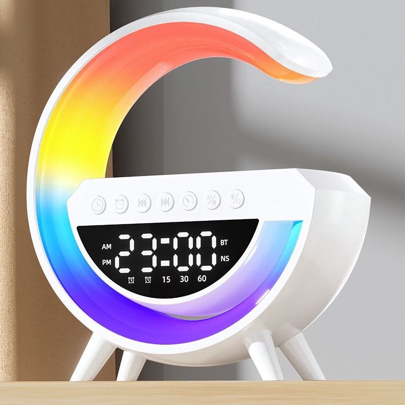 Lampara de mesa de noche con cargador inalámbrico, bocina bluetooth y reloj despertador integrado. Lampara de escritorio inteligente LED con 13 colores.