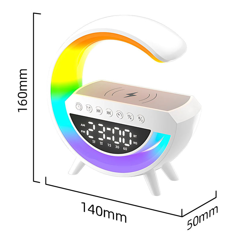 Lampara de mesa de noche con cargador inalámbrico, bocina bluetooth y reloj despertador integrado. Lampara de escritorio inteligente LED con 13 colores.