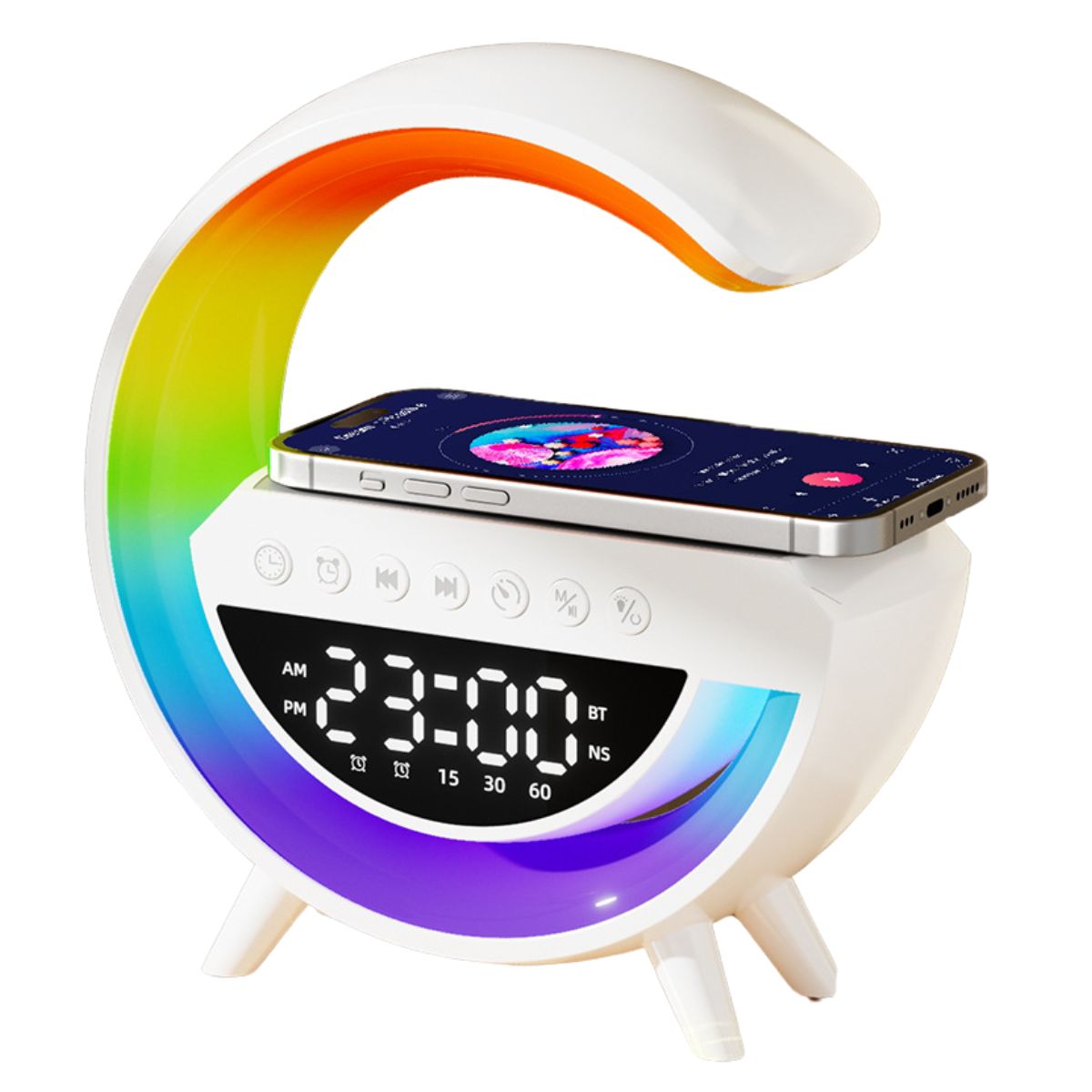 Lampara de mesa de noche con cargador inalámbrico, bocina bluetooth y reloj despertador integrado. Lampara de escritorio inteligente LED con 13 colores.