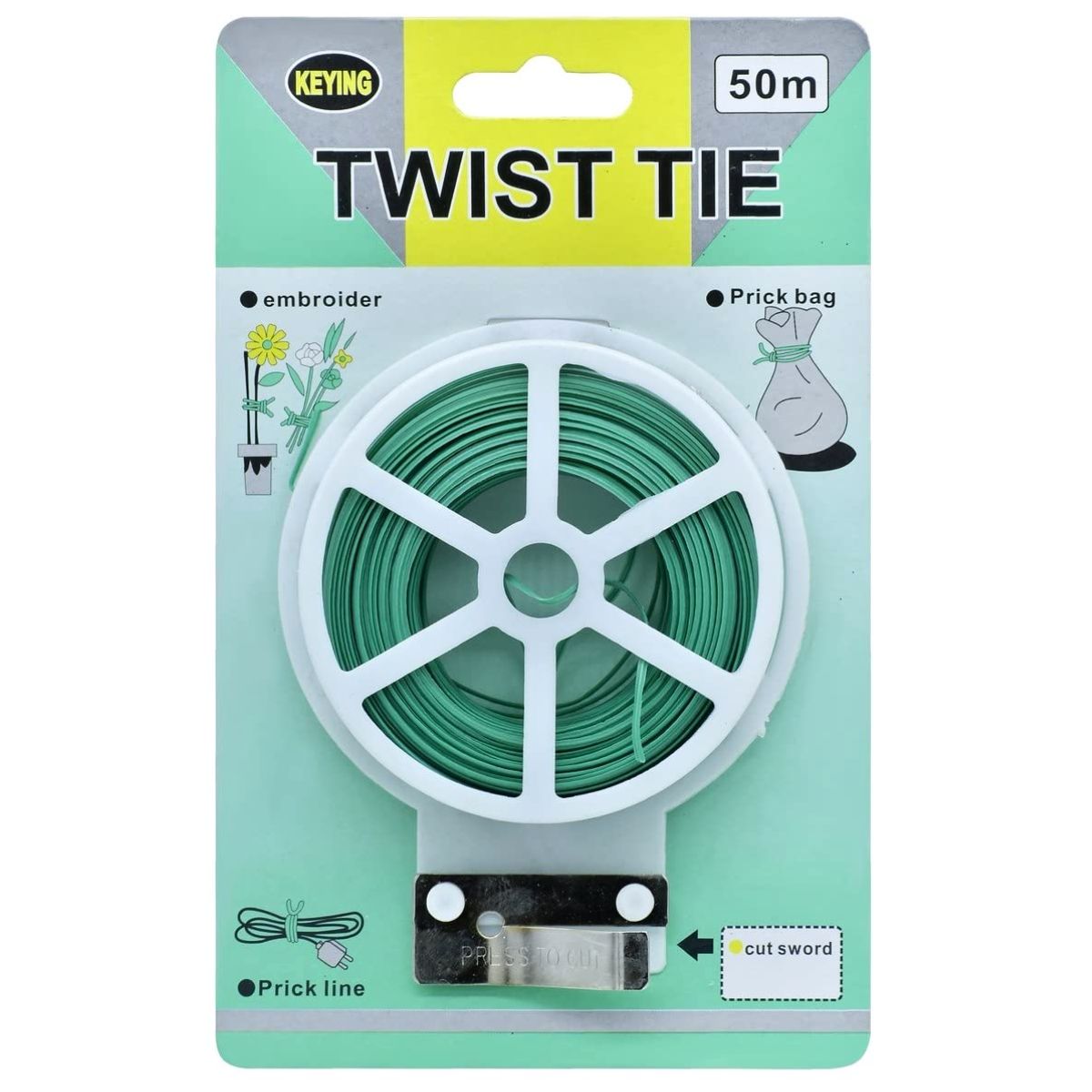 Alambre sunchos plastificado para plantas y bolsas. Cinta de amarre 50M. Incluye dispensador. Color verde.