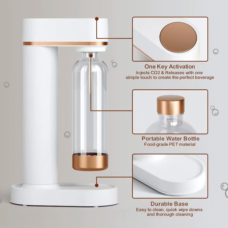 Máquina de Agua con Gas Automática. Color blanco 1L. Máquina dispensadora para hacer refrescos carbonatados Estilo SodaStream Soda Maker. Incluye cilindro de CO2.