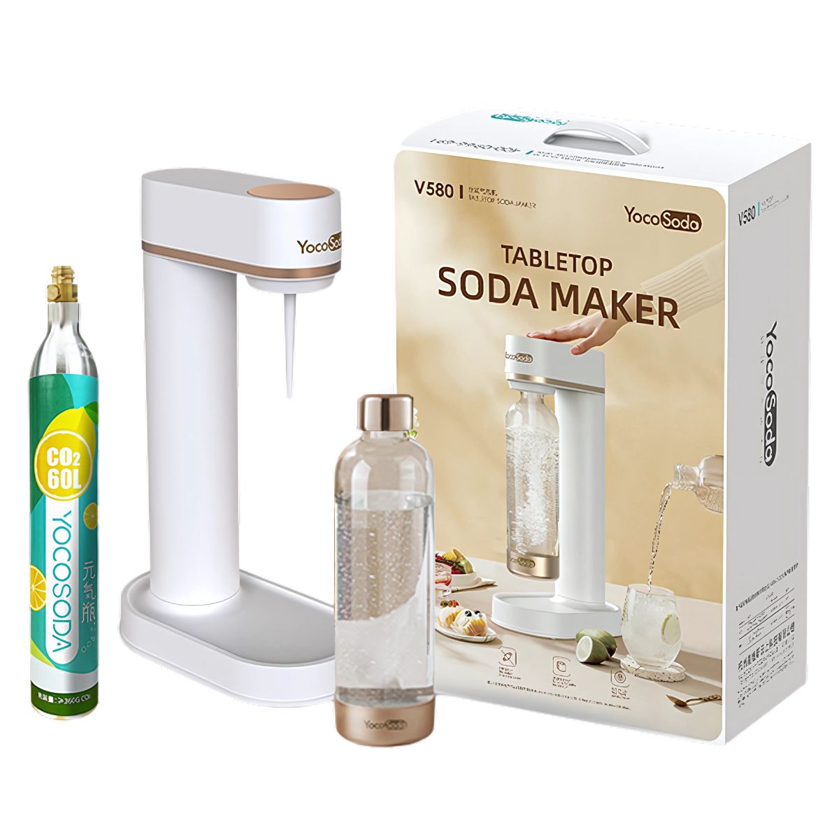 Máquina de Agua con Gas Automática. Color blanco 1L. Máquina dispensadora para hacer refrescos carbonatados Estilo SodaStream Soda Maker. Incluye cilindro de CO2.