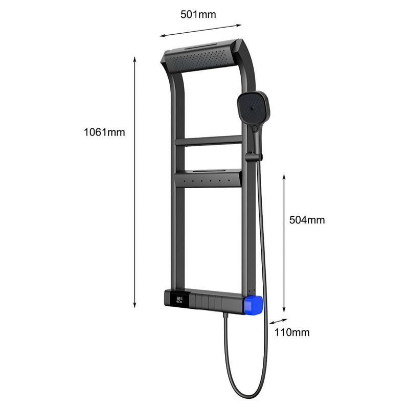 Ducha Regadera moderna con Pantalla LED. Color negro. 4 modos de Rociado, Ducha de Mano y Grifo en Cascada.
