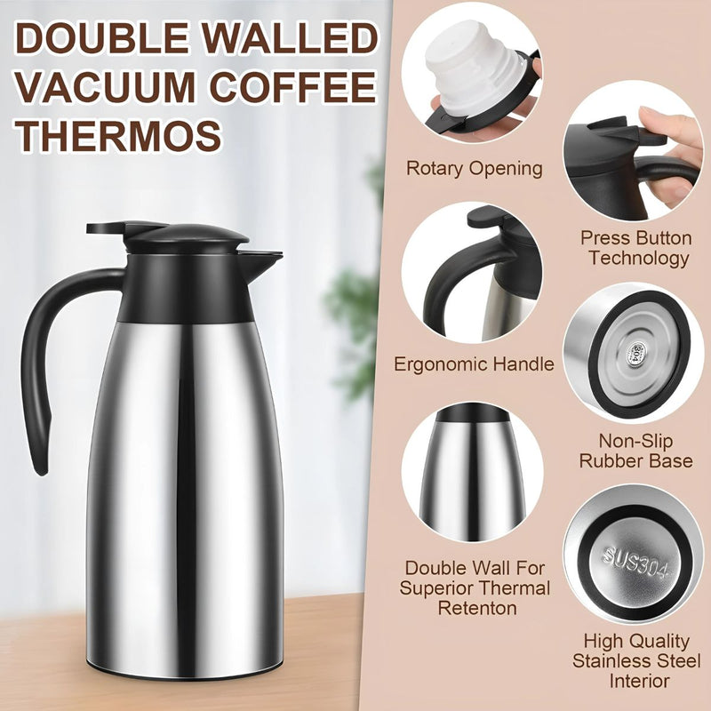 Jarra térmica de café 68oz. (2lts) Termo de acero inoxidable. Conserva Bebidas Calientes 12h y Frías 24h.