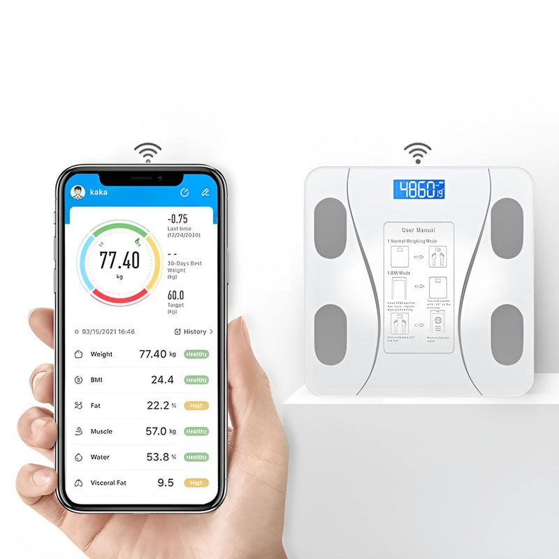 Báscula personal Inteligente Bluetooth. Análisis Corporal Completo, Alta Precisión y Pantalla LCD. Pesa de baño. Color blanco.
