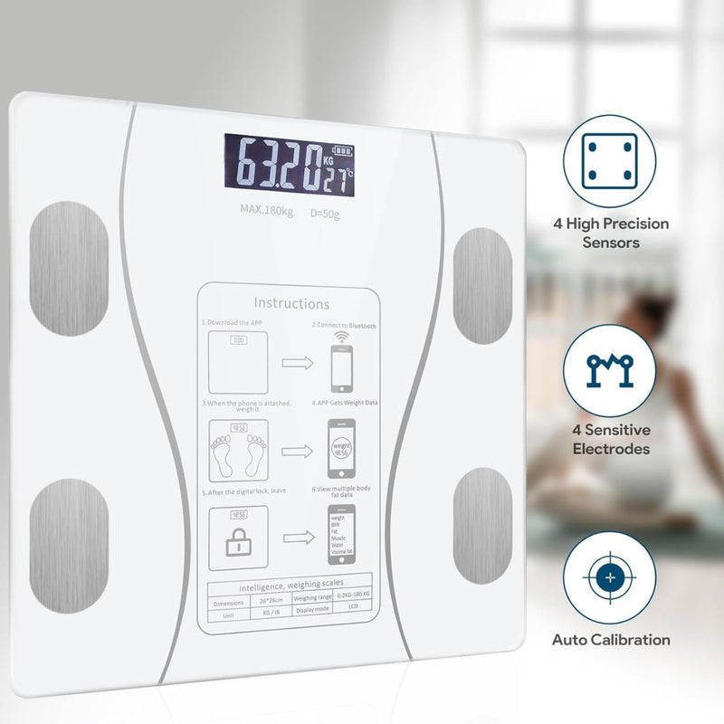 Báscula personal Inteligente Bluetooth. Análisis Corporal Completo, Alta Precisión y Pantalla LCD. Pesa de baño. Color blanco.