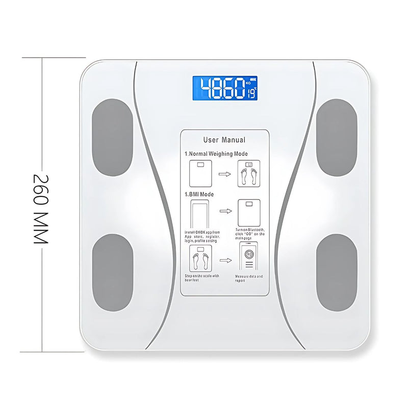 Báscula personal Inteligente Bluetooth. Análisis Corporal Completo, Alta Precisión y Pantalla LCD. Pesa de baño. Color blanco.