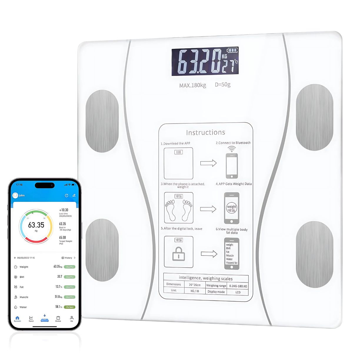 Báscula personal Inteligente Bluetooth. Análisis Corporal Completo, Alta Precisión y Pantalla LCD. Pesa de baño. Color blanco.