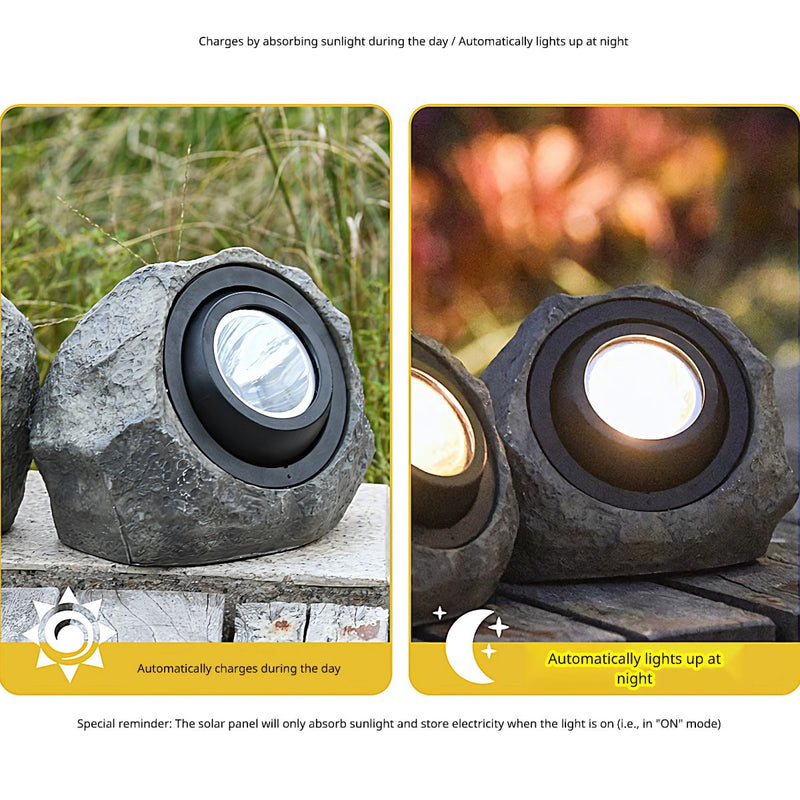Lampara Luz solar para jardín en forma de roca. IP65 Foco lampara con panel solar en forma de piedra. Luz blanca y cálida.